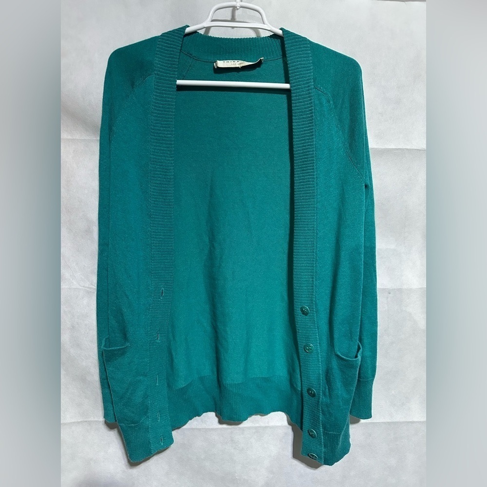 Trina Turk M Silk Cashmere Wool Button Front Cardigan Sweater Pockets Teal Green